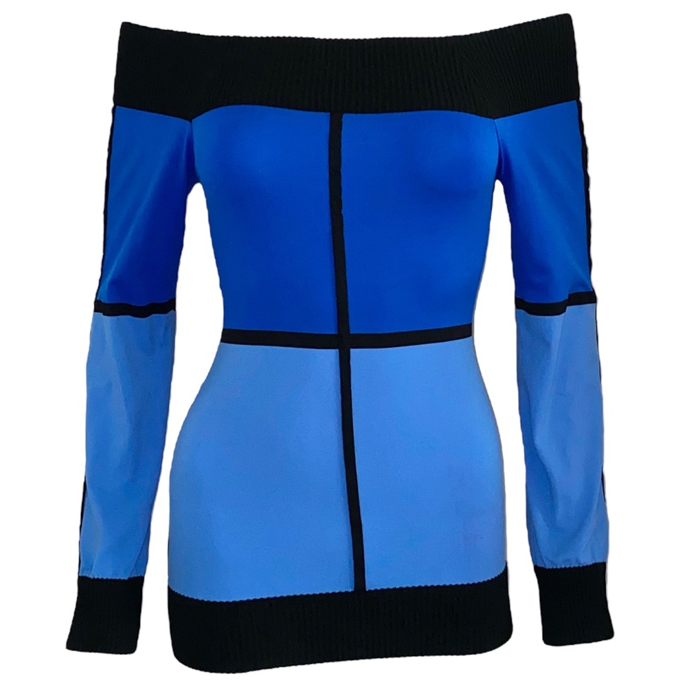 L Philippe Matignon Colorblock Long Sleeve Off The Shoulder Skin Tight Nylon Top